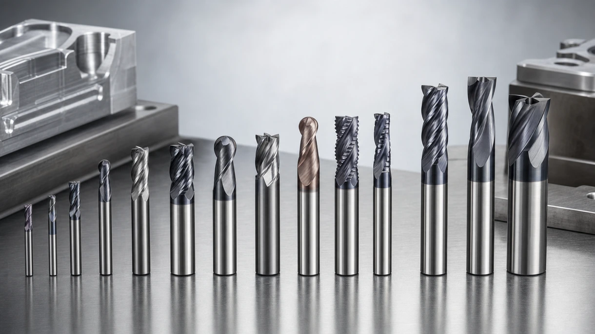 高速 CNC 机床主轴正在使用实心硬质合金立铣刀对工厂中的结构钢部件进行轮廓加工。