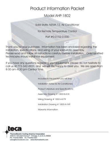 Product Information Packet Model AHP-1802