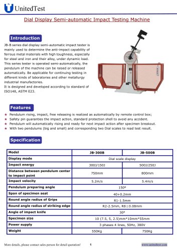 300J, 500J JB-300. JB-500 Semi-automatic Impact Testing Machine UNITEDTEST