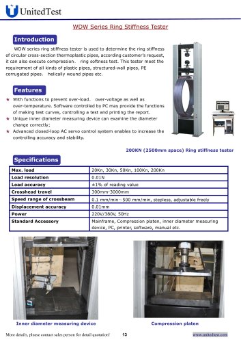 United Test: WDW-50 Ring stiffness tester, PVC PE plastic pipe