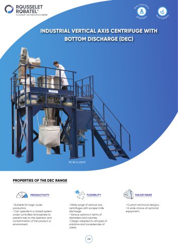 Industrial vertical axis centrifuge with bottom discharge DEC