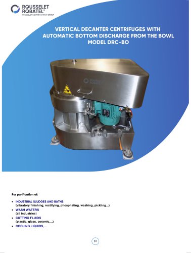 Vertical decanter centrifuges with automatic bottom discharge from the bowl model DRC-BO