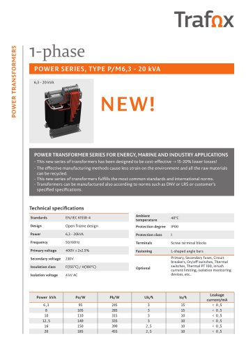 1-phase Power Transformers Product Sheet