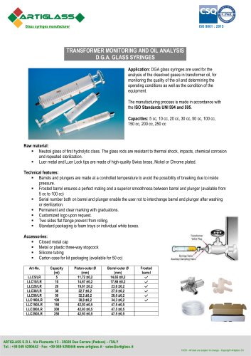 TRANSFORMER MONITORING AND OIL ANALYSIS D.G.A. GLASS SYRINGES