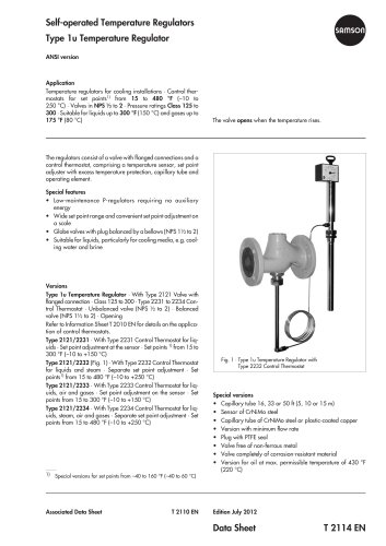 Self-operated Temperature Regulators Type 1u Temperature Regulator