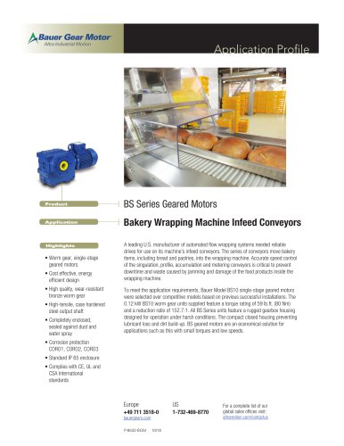 Bauer BS Series Geared Motors for Bakery Wrapping Machine Infeed Conveyors