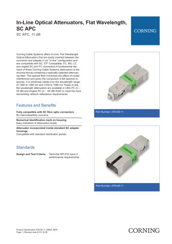 In-Line Optical Attenuators, Flat Wavelength,  SC APC