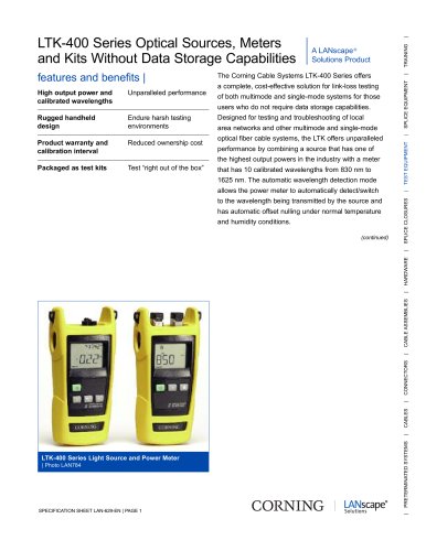 LTK-400 Series Optical Sources, Meters, and Kits Without Data Storage Capabilities