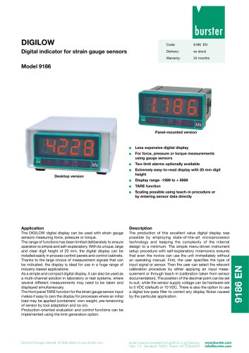 Data sheet - DIGILOW Digital indicator for strain gauge sensors Model 9186