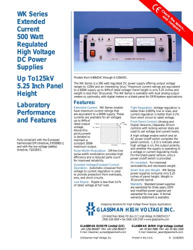 WK Series Extended Current 500 Watt Regulated High Voltage DC Power Supplies