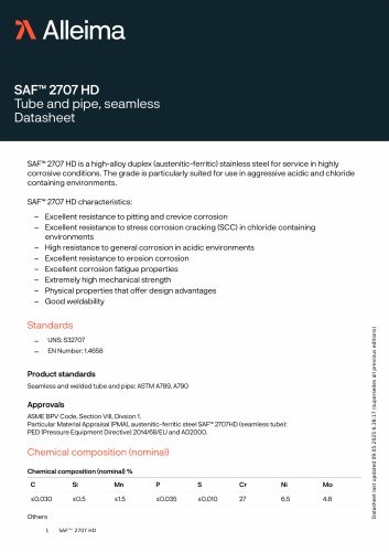 SAF&trade; 2707 HD Tube and pipe, seamless Datasheet