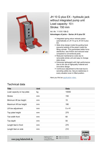 JH 10 G plus EX - hydraulic jack without integrated pump unit