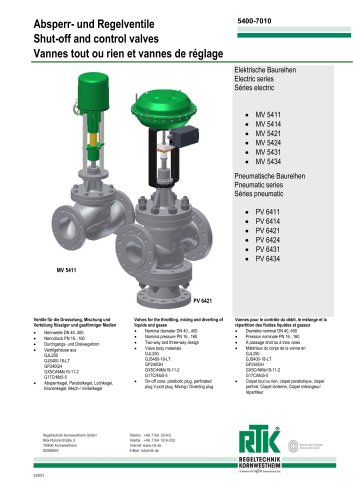 Electric and pneumatic control valves (heat control) MV 5400/ PV 6400