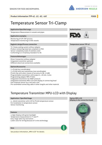 TFP-47, -57, -67, -167 Temperature Sensor Tri-Clamp