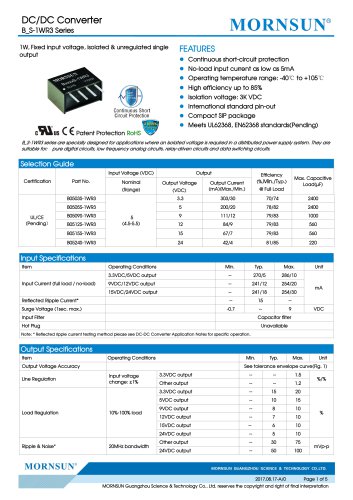 B_S-1WR3 Series--1W, Fixed input voltage, isolated & unregulated single output