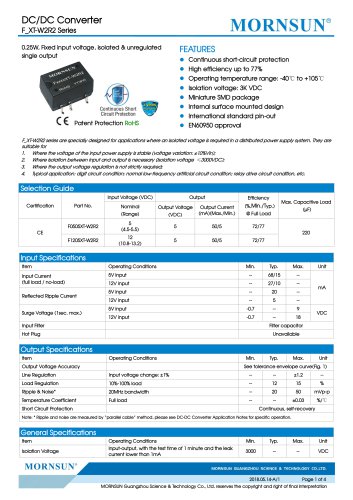 MORNSUN 0.25Watt/Fixed input voltage/isolated & unregulated single output DC DC power suplly/converter F_XT-W2R2