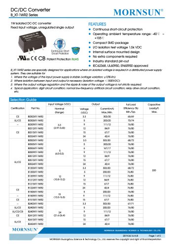 MORNSUN 1W isolated DC-DC converter  B_XT-1WR2/Fixed input voltage/single output