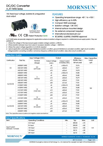 MORNSUN 1Watt/Fixed input voltage/isolated & dual outputs DC DC power suplly/converter A_XT-1WR2