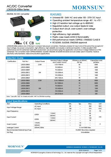 MORNSUN 3-5W Ultra small size 85-264VAC input AC/DC converterLDE03/05-20Bxx