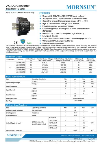 MORNSUN 60watt 85-264VAC input AC DC power supply / converter / DIN-Rail / LI60-20BxxPR2