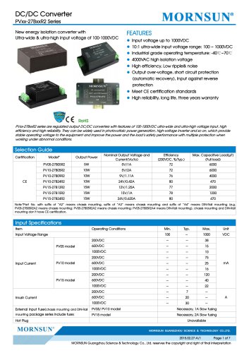 PVxx-27BxxR2 / 10:1 / 100~1000Vdc input / dc dc converter / photovoltaic power / 5, 10, 15 watt