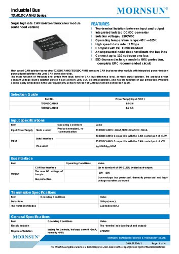 TDx01DCANH3 / CANbus / Integrated Isolated DC/DC converter / 1 Mbps