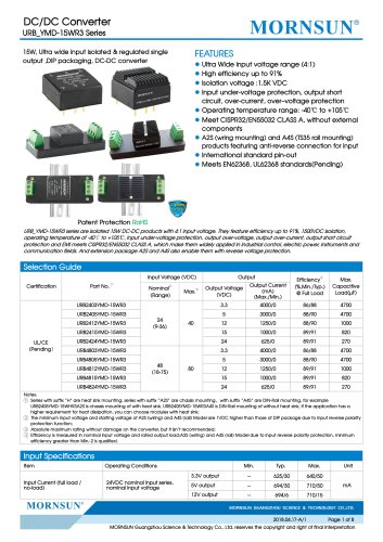 URB_YMD-15WR3 Series 15W, Ultra wide input isolated & regulated single output ,DIP packaging, DC-DC converter