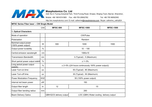 500w 1000w 1500w Fiber Laser Specification