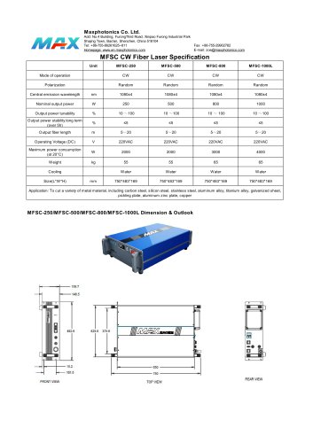 Maxphotonics CW Fiber Laser MFSC-800W Laser Cutting Stainless Steel Cutting Specification