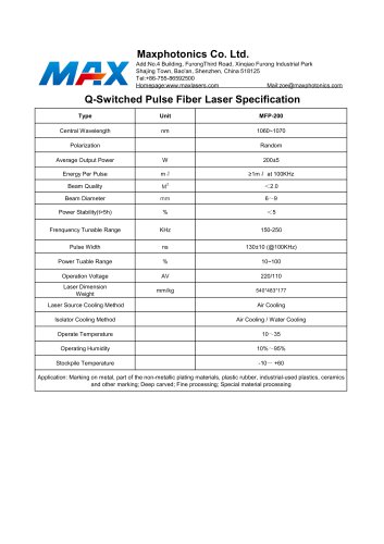 MFP-200 200W Q-switched Pulse Fiber Laser from Maxphotonics