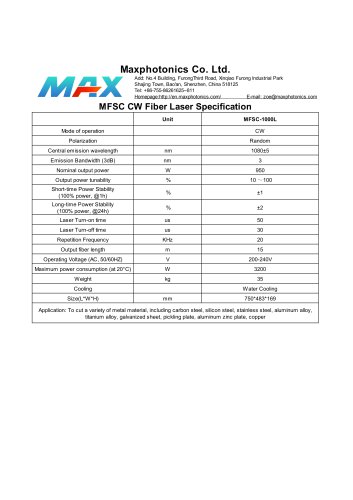 MFSC-1000L Maxphotonics CW1000W fiber laser source for cutting water cooled