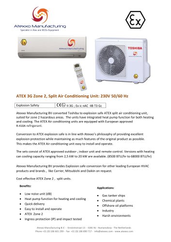 ATEX 3G Zone 2, Split Air Conditioning Unit: 230V 50/60 Hz