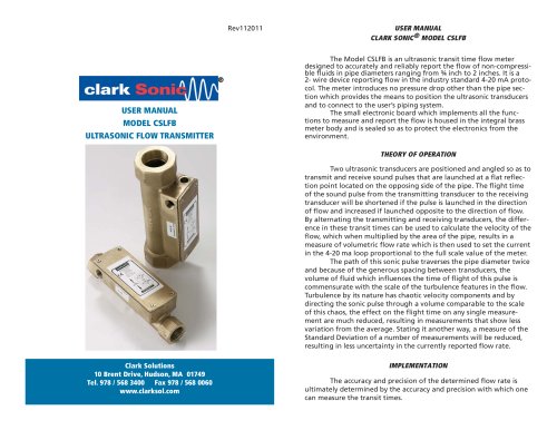 Clark Sonic Series CSLFB Brass Ultrasonic Liquid Flow Transmitter Manual