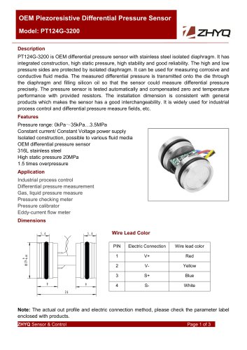 ZHYQ Differential Pressure Sensor PT124G-3200 for pressure measurement
