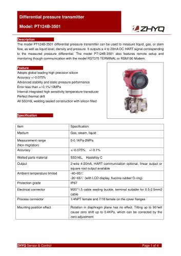 ZHYQ Differential Pressure Transmitter PT124B-3501 for oil, gas and steam pressure measurement