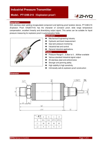 ZHYQ Explosion Proof Pressure Transmitter PT124B-215 pressure measurement for Hazardous Locations