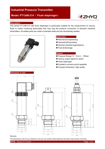 ZHYQ Flush diaphragm pressure transmitter for polyurethane device
