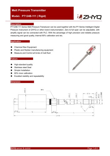 ZHYQ PT124B-111 Rigid melt pressure transmitter for plastic extruder