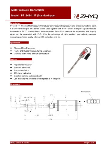 ZHYQ PT124B-111T rigid melt pressure transmitter for plastic extruder