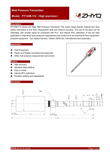 ZHYQ PT124B-112 High accuracy rigid melt pressure transmitter for plastic extruder