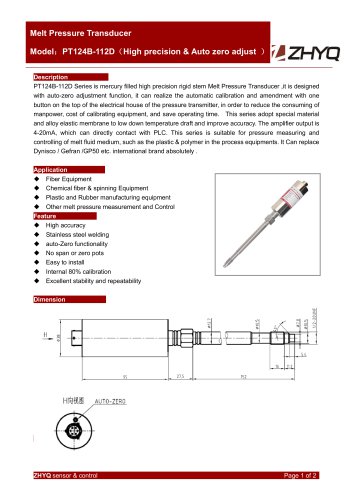 ZHYQ PT124B-112D Auto Zero melt pressure transmitter for plastic extruder