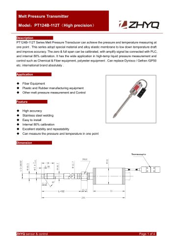 ZHYQ PT124B-112T high accuracy melt pressure transmitter for plastic extruder