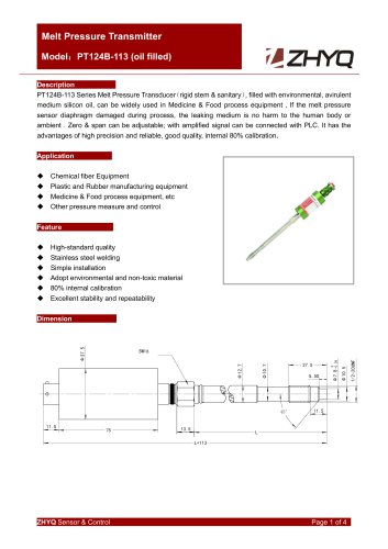 ZHYQ PT124B-113 rigid melt pressure transmitter for sanitary pressure measurement