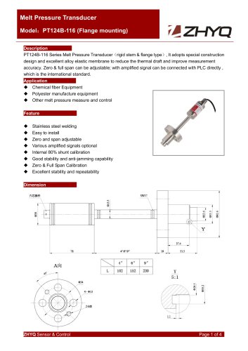 ZHYQ PT124B-116 rigid melt pressure transmitter for plastic extruder