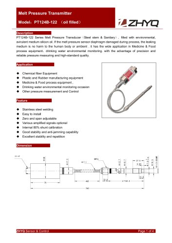 ZHYQ PT124B-122 flexible melt pressure transmitter for sanitary pressure measurement