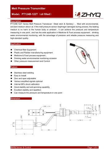 ZHYQ PT124B-122T fleixble melt pressure transmitter for sanitary pressure measurement