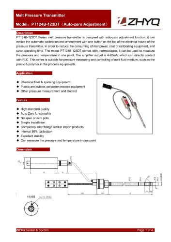 ZHYQ PT124B-123DT Auto Zero flexible melt pressure transmitter for palstic extruder