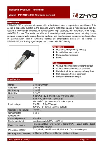 ZHYQ PT124B-213 Pressure Transmitter for Gas and Hydraulic Pressure Measurement