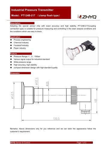 ZHYQ PT124B-217 Clamp type pressure transmitter for sanitary pressure measurement