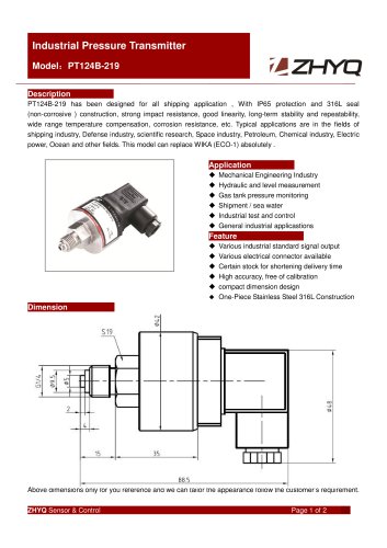 ZHYQ PT124B-219 Industrial Pressure Transmitter for marine or sea water